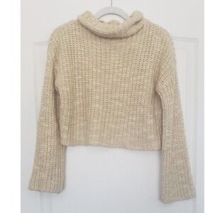 OBEY Chunky Cream Knit Funnel Turtleneck Crop Bell Sleeve Sweater Women Sz S